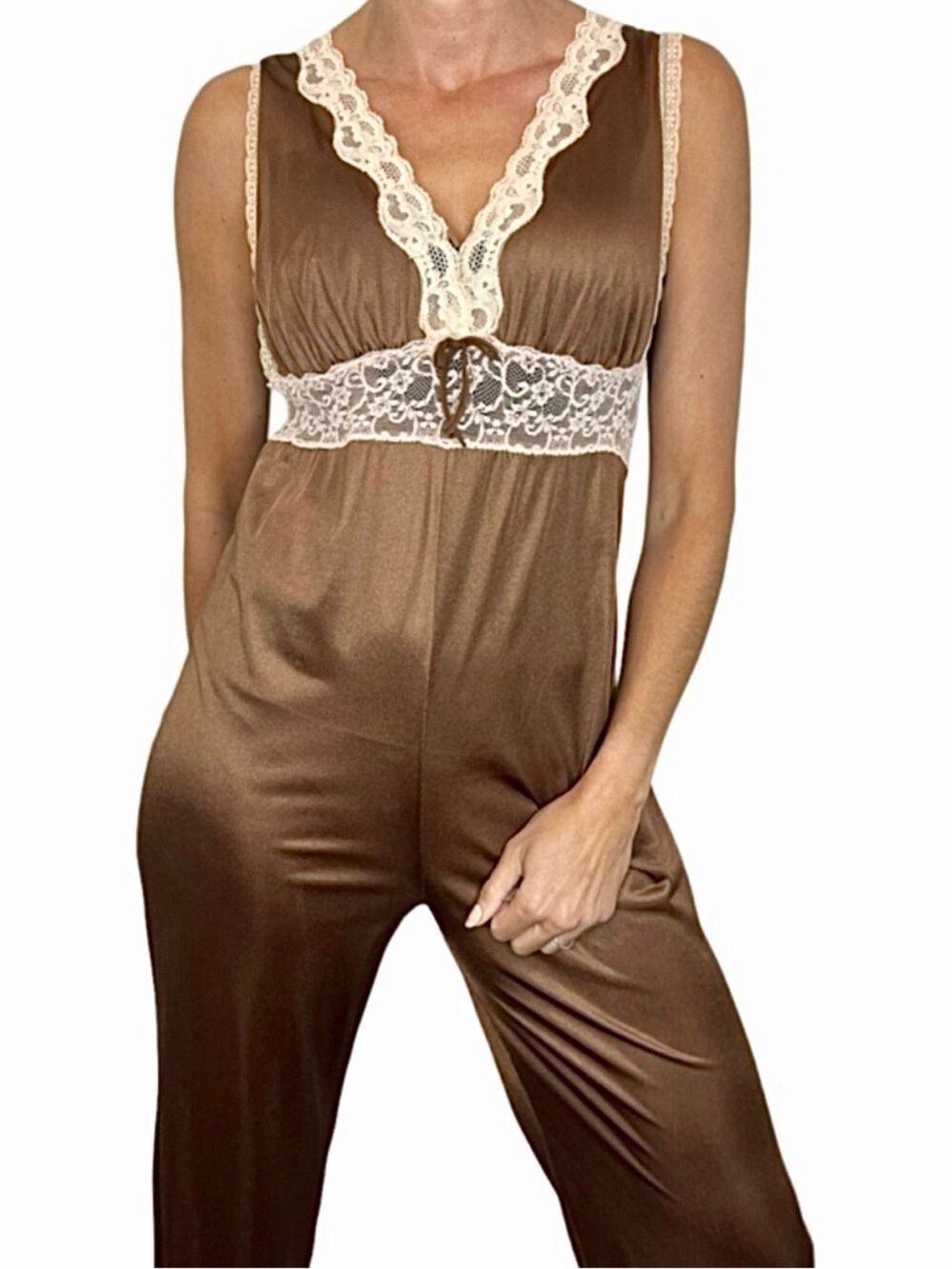 Rare VTG 70s Darling Toronto brown nylon lace trim retro lounge jumpsuit